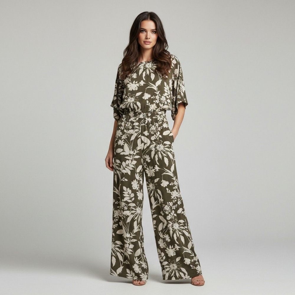 Garnet Hill Women Olive Green Floral Wide Leg Jumpsuit Size Medium Short Sleeve